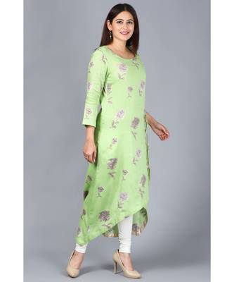 Pista Green Floral Asymmetrical Side Slit Kurti with Churidaar 2