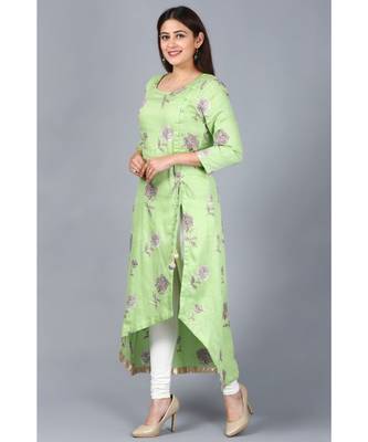 Pista Green Floral Asymmetrical Side Slit Kurti with Churidaar 3
