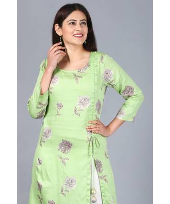 Pista Green Floral Asymmetrical Side Slit Kurti with Churidaar 4