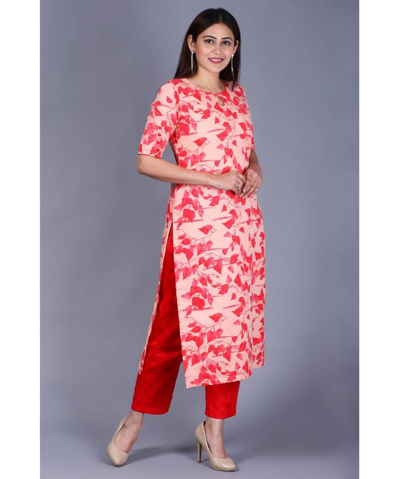 Red Leaf Printed Straight Kurti with Straight Pants