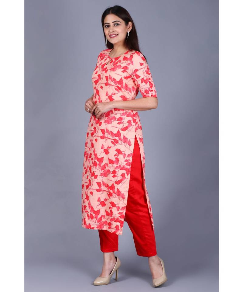Red Leaf Printed Straight Kurti with Straight Pants