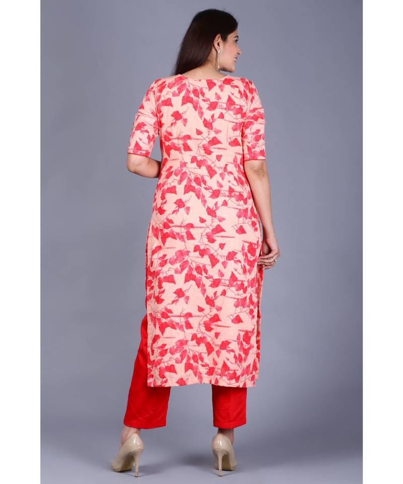 Red Leaf Printed Straight Kurti with Straight Pants