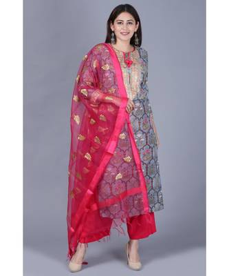 Slate Grey Mughal Printed Gotta Straight Kurti with Straight Palazzo and Pink Embroidered Dupatta 1