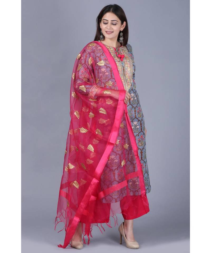 Slate Grey Mughal Printed Gotta Straight Kurti with Straight Palazzo and Pink Embroidered Dupatta