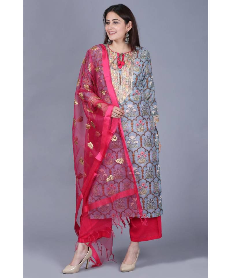 Slate Grey Mughal Printed Gotta Straight Kurti with Straight Palazzo and Pink Embroidered Dupatta