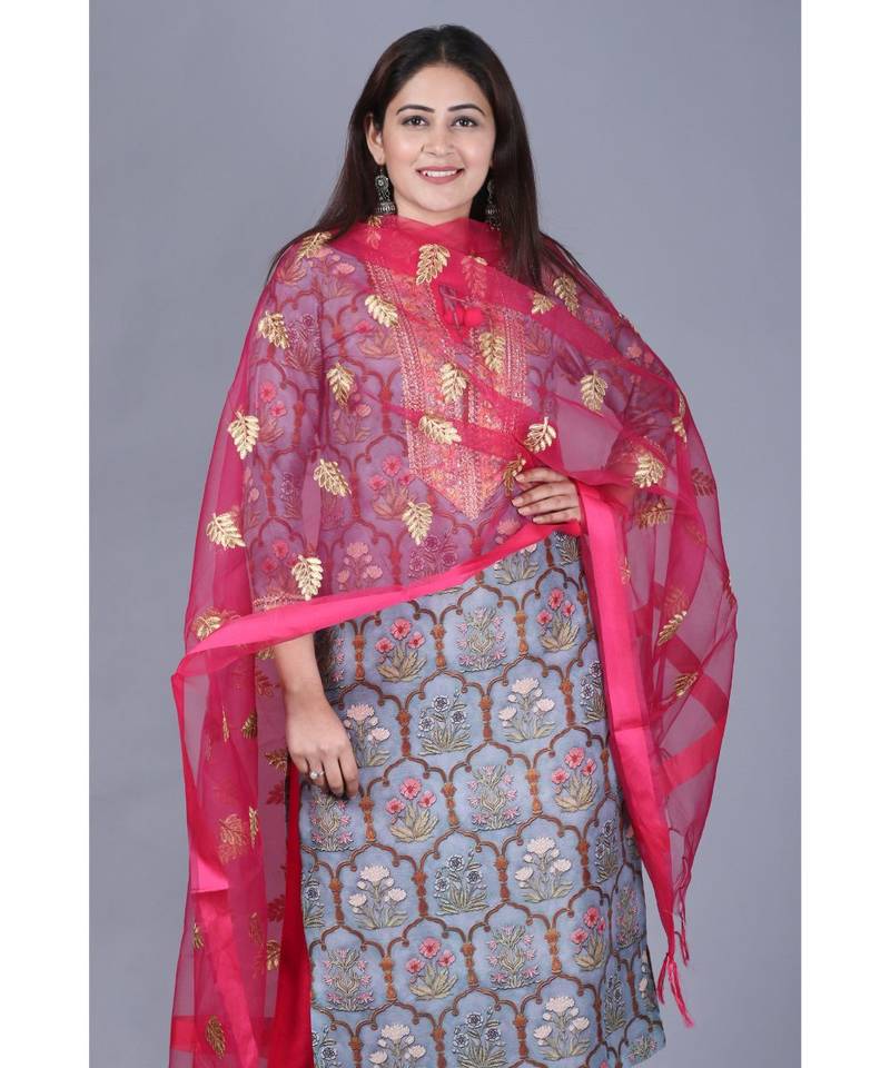 Slate Grey Mughal Printed Gotta Straight Kurti with Straight Palazzo and Pink Embroidered Dupatta