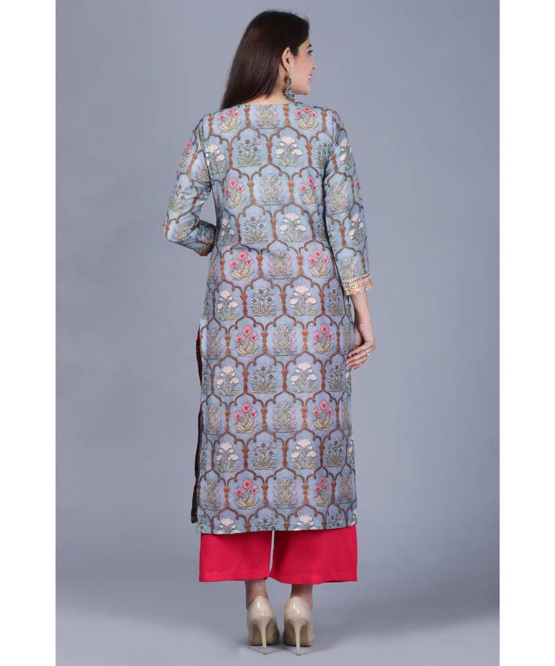 Slate Grey Mughal Printed Gotta Straight Kurti with Straight Palazzo and Pink Embroidered Dupatta