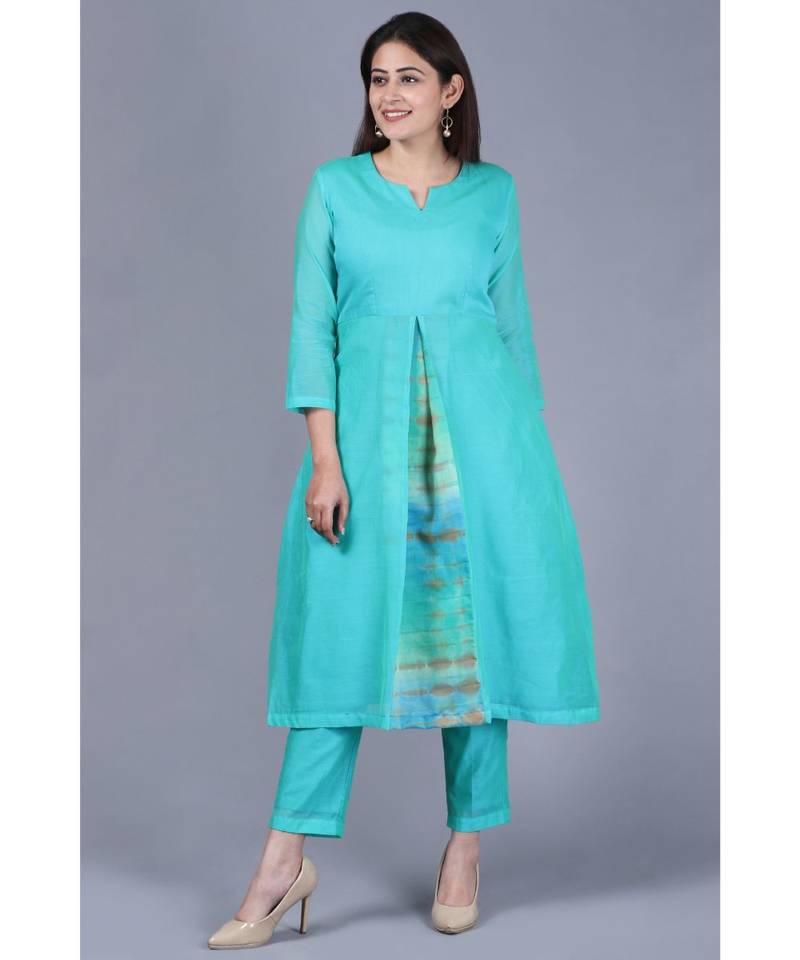 Aqua Green Front Pleat Kurti with Straight Pants