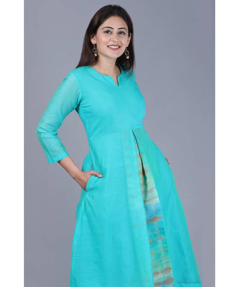 Aqua Green Front Pleat Kurti with Straight Pants