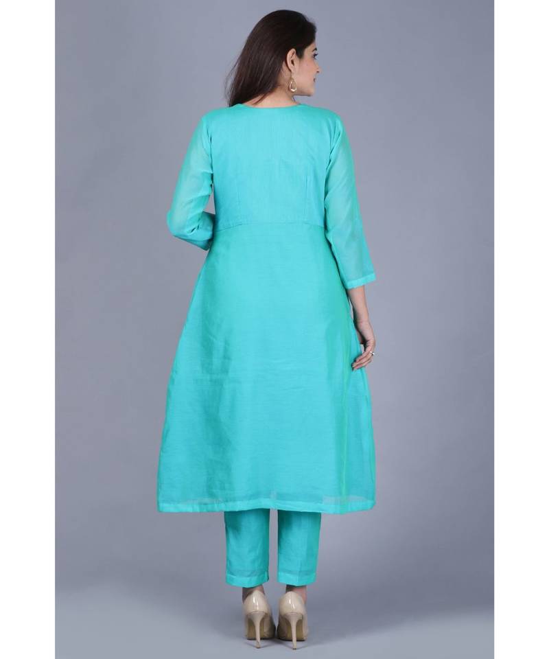 Aqua Green Front Pleat Kurti with Straight Pants