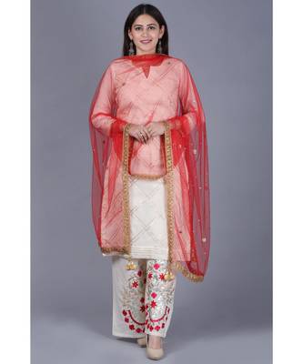 Ivory Treasure Gotta Kurti with Gotta Embroidered Palazzo and Red Mirror Stone Net Dupatta 1