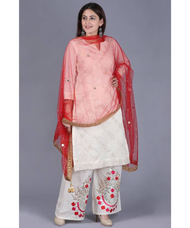 Ivory Treasure Gotta Kurti with Gotta Embroidered Palazzo and Red Mirror Stone Net Dupatta