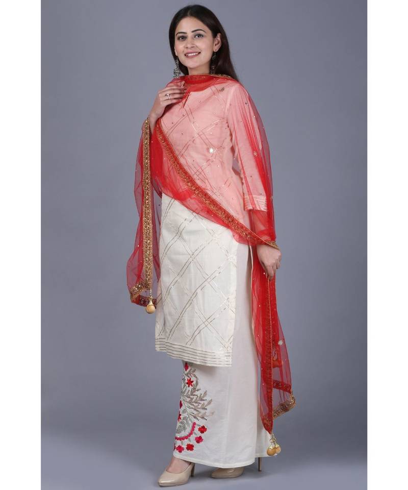Ivory Treasure Gotta Kurti with Gotta Embroidered Palazzo and Red Mirror Stone Net Dupatta