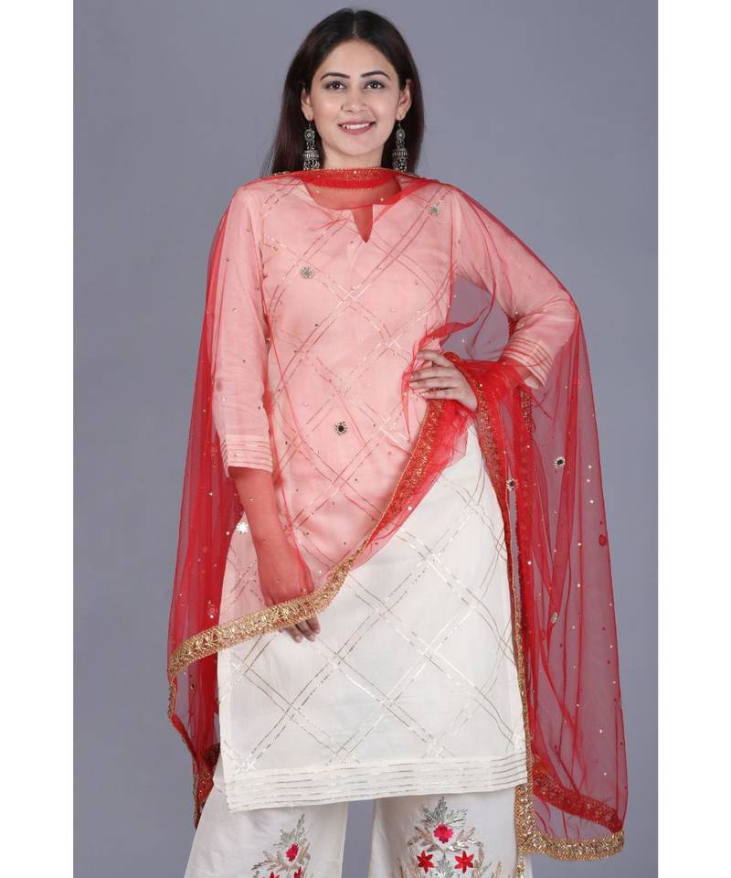 Ivory Treasure Gotta Kurti with Gotta Embroidered Palazzo and Red Mirror Stone Net Dupatta