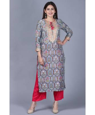 Slate Gray Mughal Printed Gotta Straight Kurti with Straight Palazzo 1
