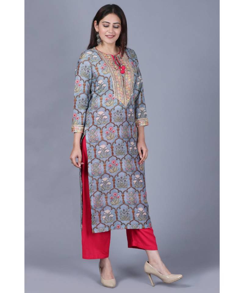 Slate Gray Mughal Printed Gotta Straight Kurti with Straight Palazzo