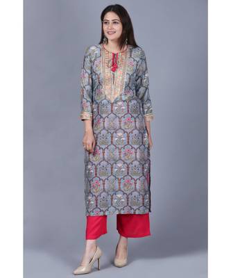 Slate Gray Mughal Printed Gotta Straight Kurti with Straight Palazzo 3