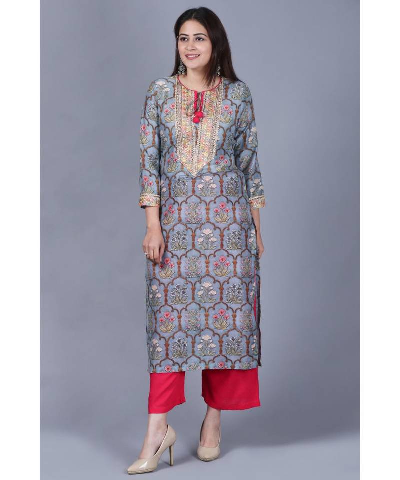 Slate Gray Mughal Printed Gotta Straight Kurti with Straight Palazzo