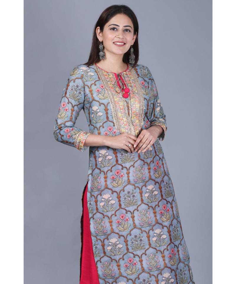 Slate Gray Mughal Printed Gotta Straight Kurti with Straight Palazzo