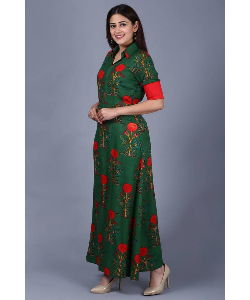 Bold Green Floral Floor Length Kurti