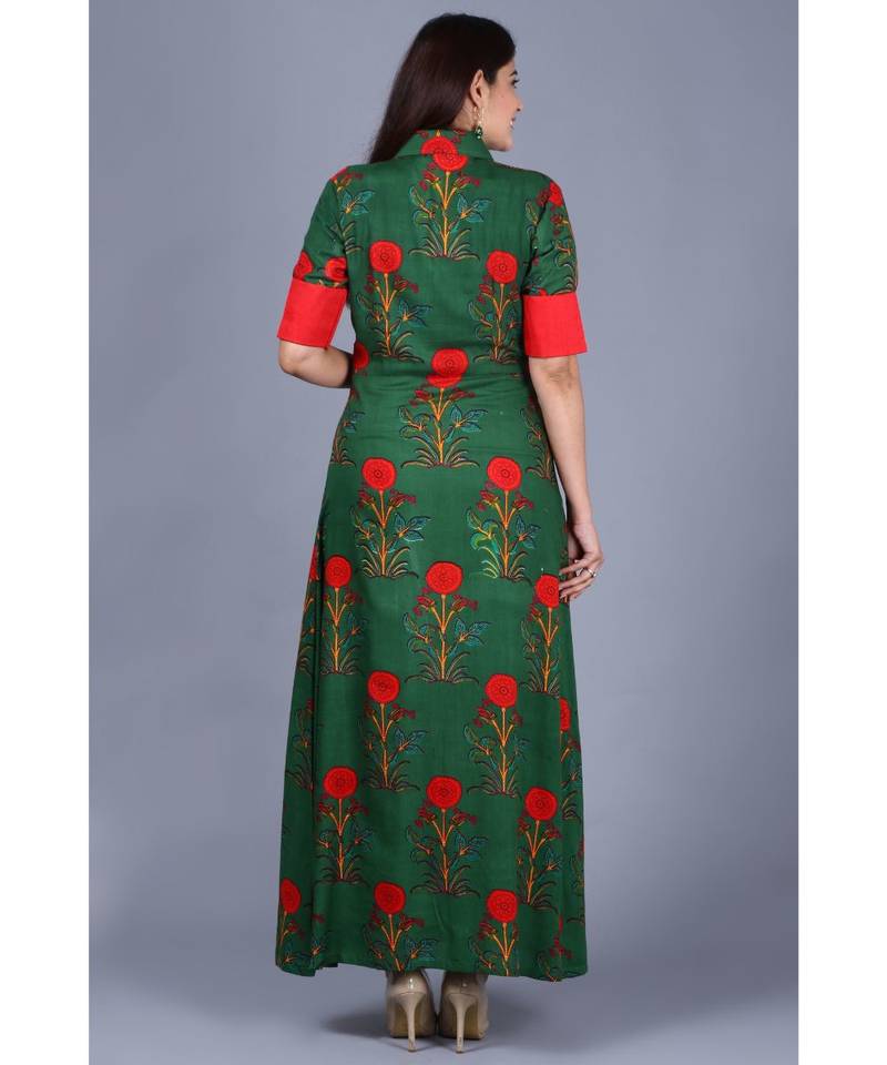 Bold Green Floral Floor Length Kurti