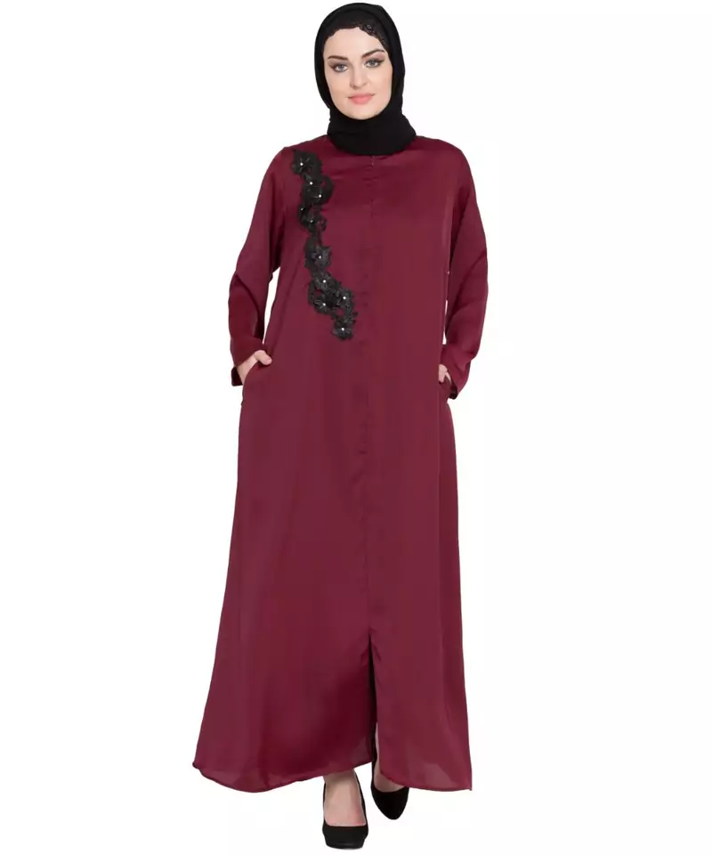 Maroon Embroidered Nida Abaya