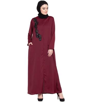 Maroon Embroidered Nida Abaya 2
