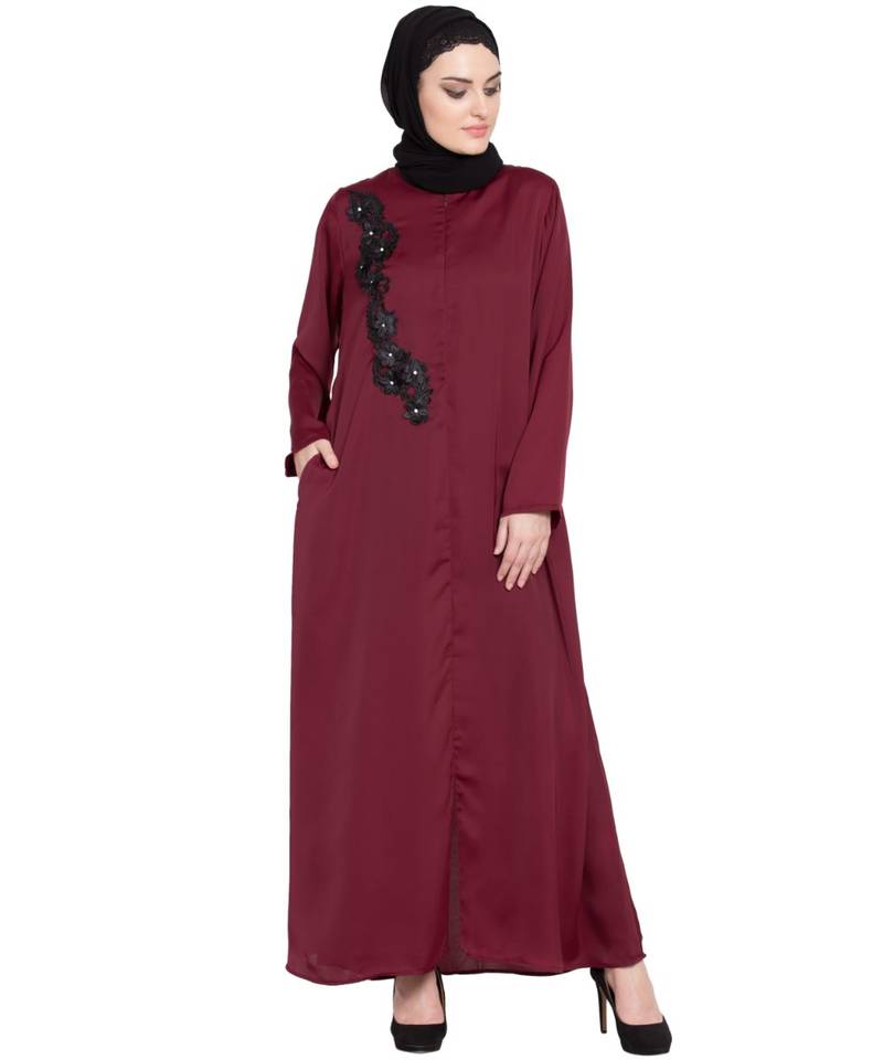 Maroon Embroidered Nida Abaya