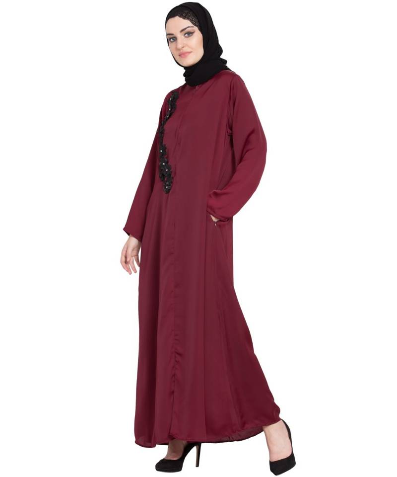 Maroon Embroidered Nida Abaya