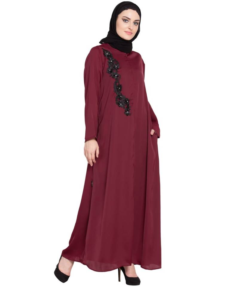 Maroon Embroidered Nida Abaya