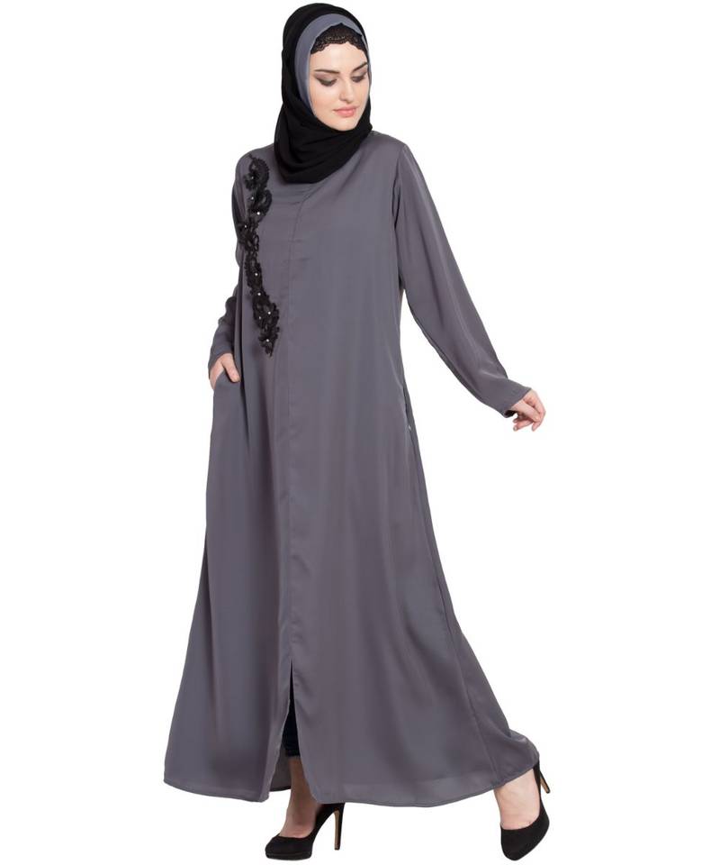 Grey Embroidered Nida Abaya
