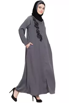 Grey Embroidered Nida Abaya