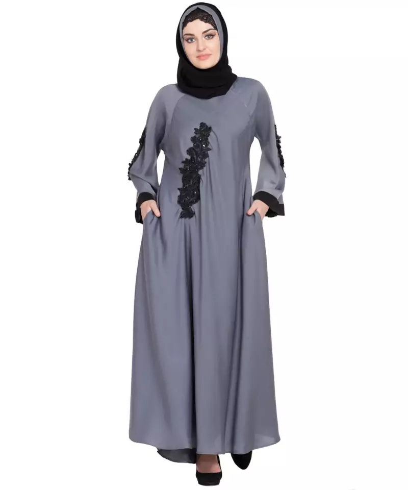 Grey Embroidered Nida Abaya