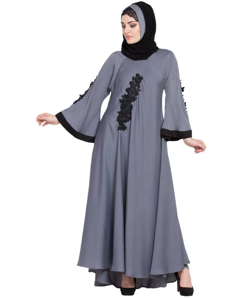Grey Embroidered Nida Abaya