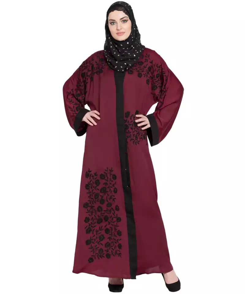 Maroon Embroidered Nida Abaya