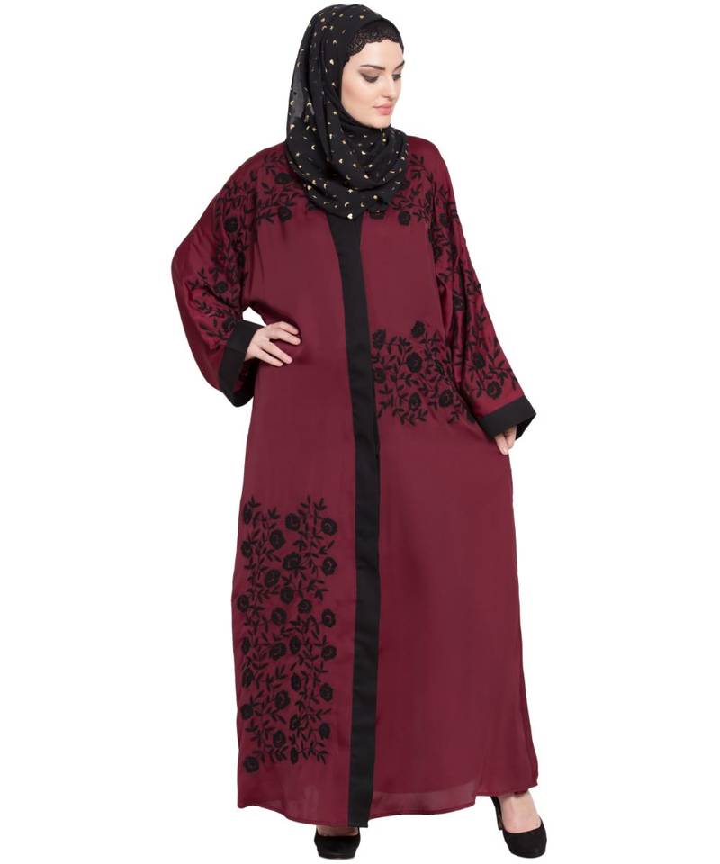 Maroon Embroidered Nida Abaya
