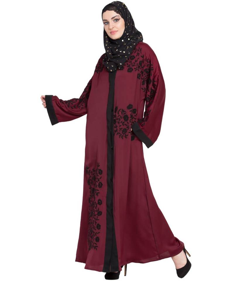 Maroon Embroidered Nida Abaya