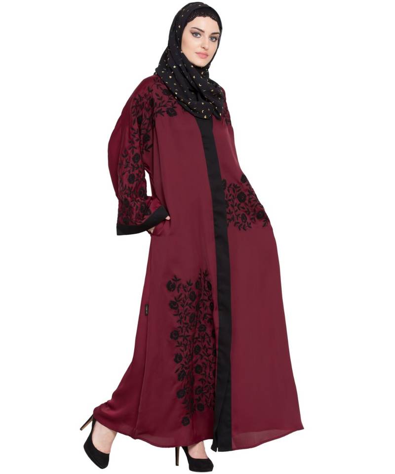 Maroon Embroidered Nida Abaya