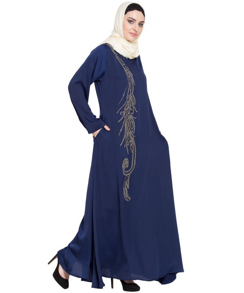 Blue Embroidered Nida Abaya