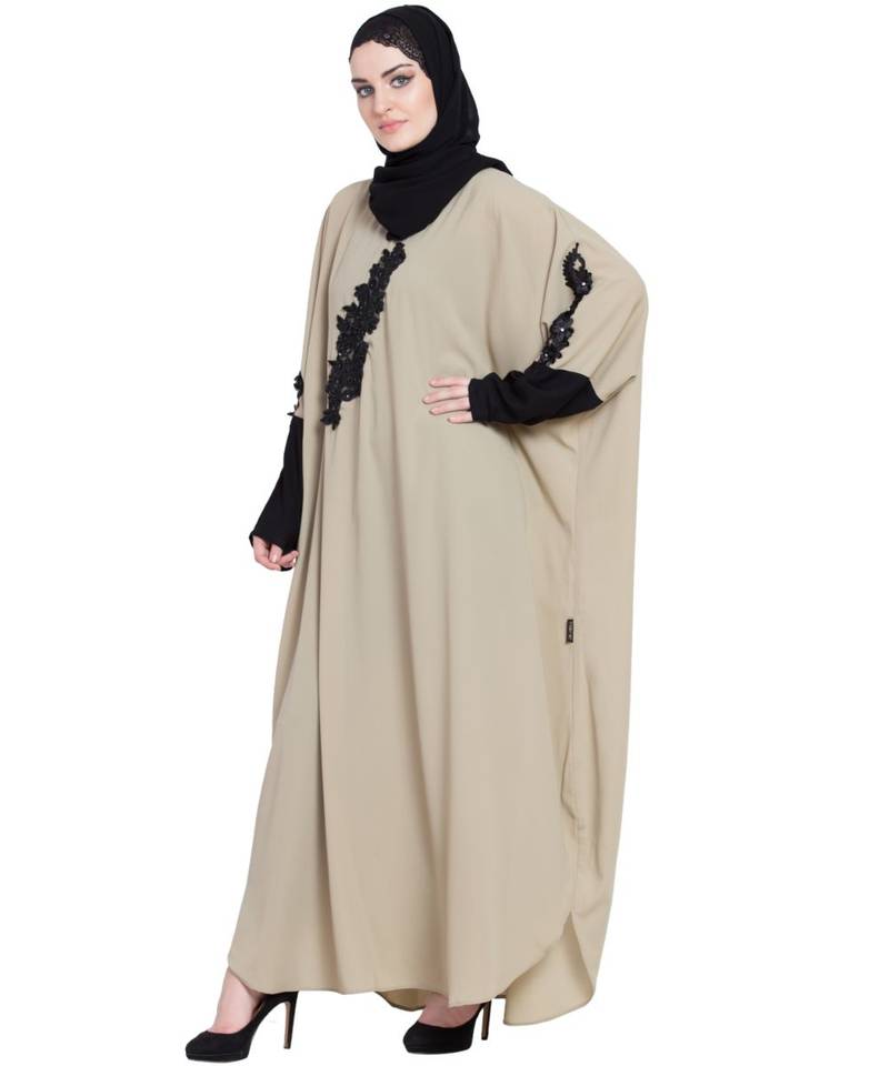Beige Embroidered Nida Abaya