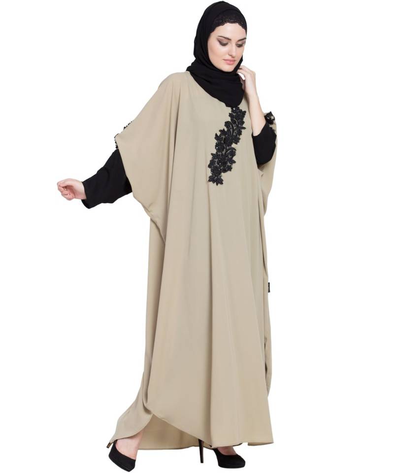 Beige Embroidered Nida Abaya