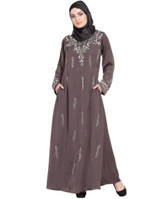 Brown Embroidered Nida Abaya 1