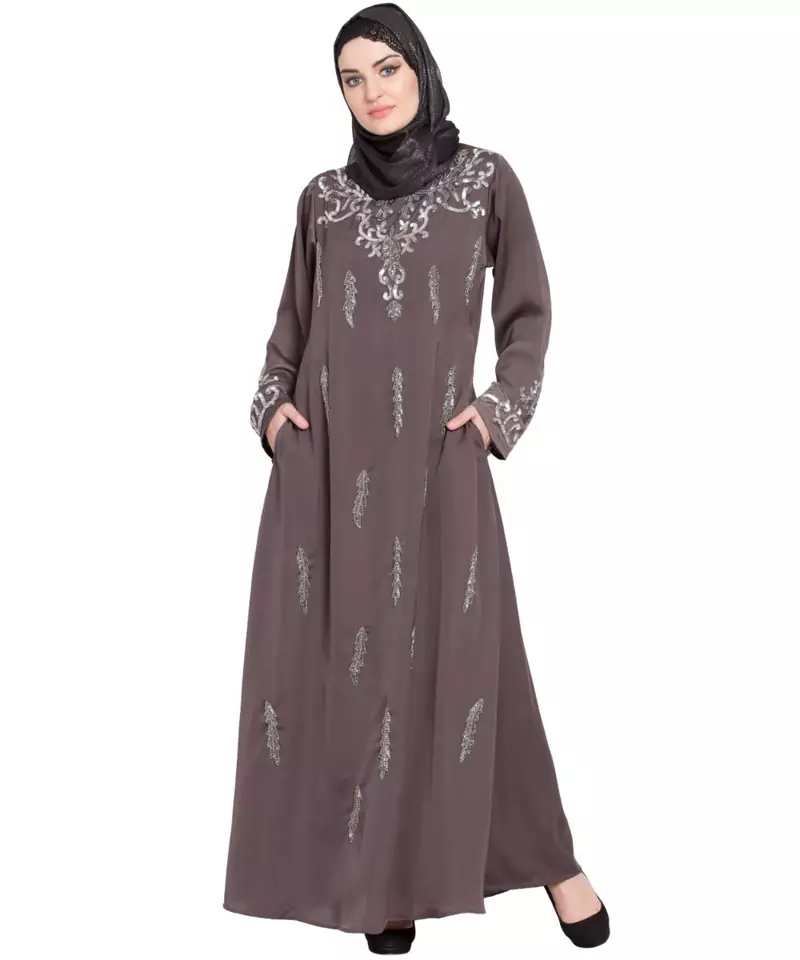 Brown Embroidered Nida Abaya
