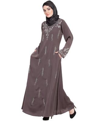 Brown Embroidered Nida Abaya 2