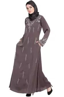 Brown Embroidered Nida Abaya