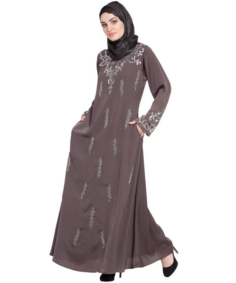 Brown Embroidered Nida Abaya