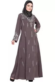 Brown Embroidered Nida Abaya