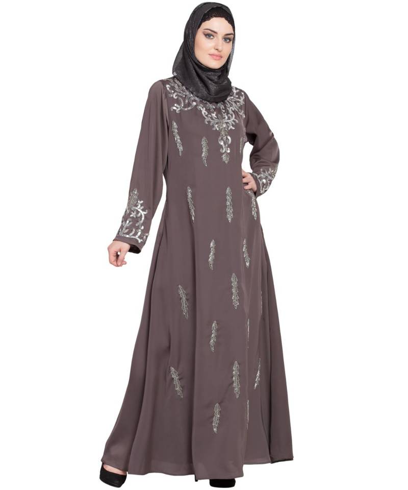 Brown Embroidered Nida Abaya