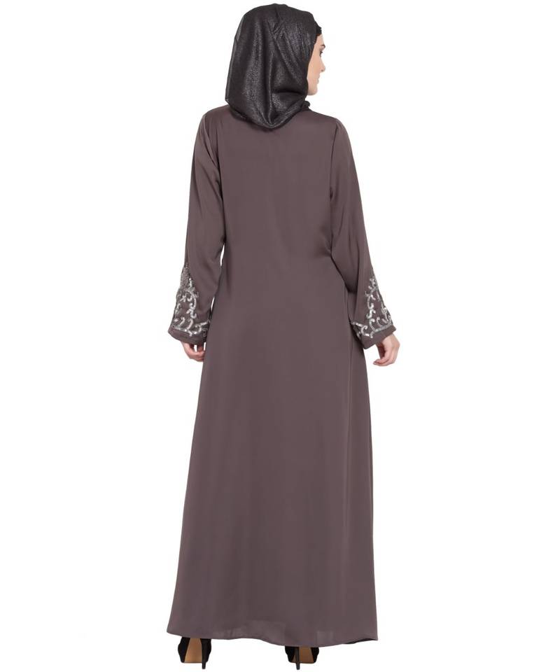 Brown Embroidered Nida Abaya