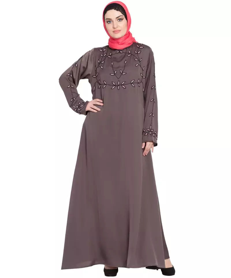 Brown Embroidered Nida Abaya